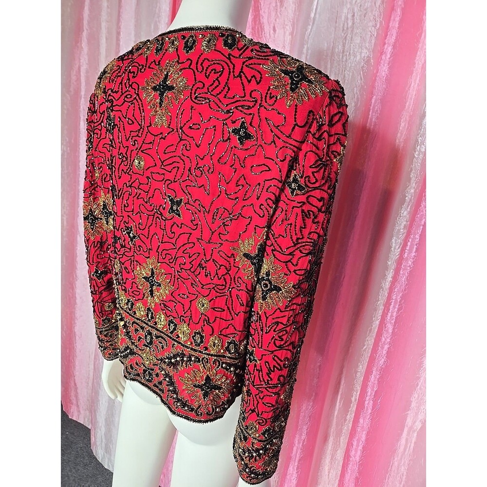 Vintage Adrianna Papell Red Silk Exquisite Beaded Evening Jacket Size 8 - Picture 9 of 16